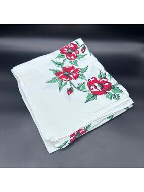 Vintage Tablecloth Red Floral Mid Century 1950s Retro Table Decor Cotton